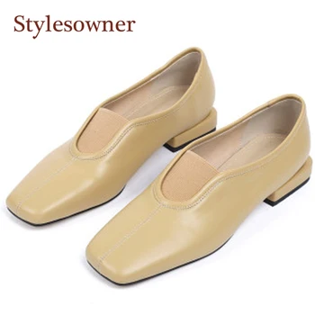 

Retro Square Toe Yellow Single Shoes Genuine Leather Square Heel Slip-On Casual Spring Autumn Shoes Comfortable All-match Shoes