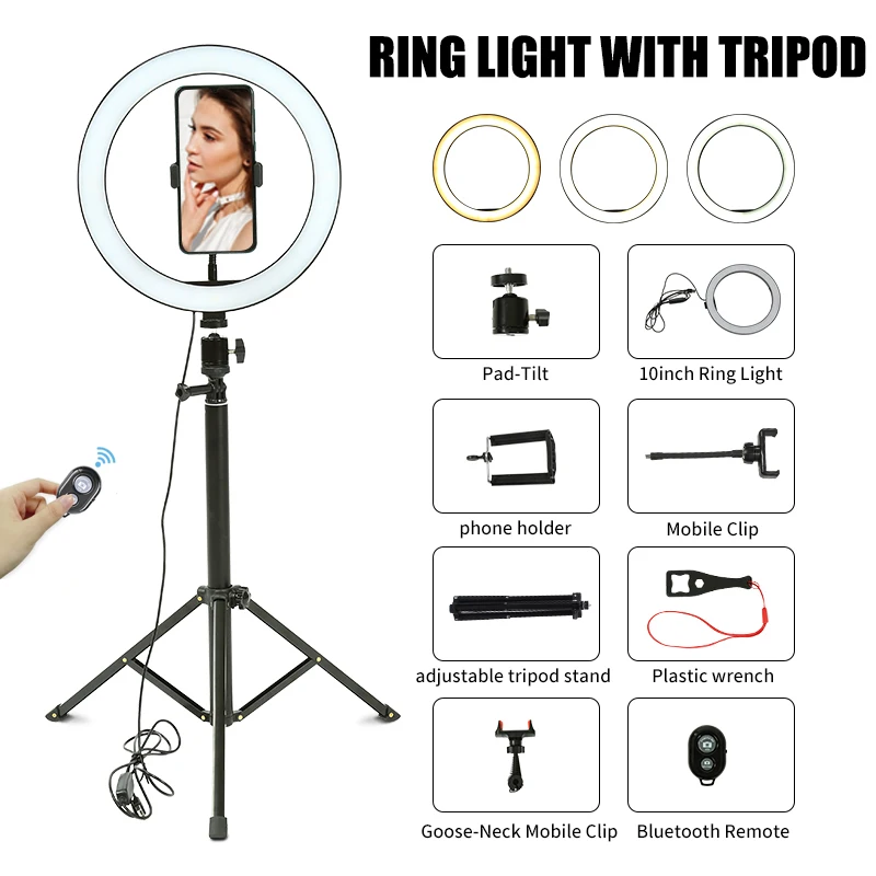 

Ring Light with Tripod 10 Inch Light with Stand 150cm for Photography Selfie Ring Ling with Phone Holder Selfie Ring for Live