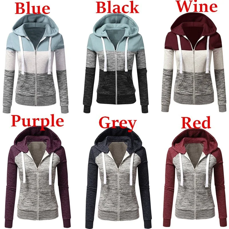  Women Fashion Hit Color Patchwork Jacket 2019 Autumn Winter Hooded Sweatshirt Zipper Hoodies Pocket