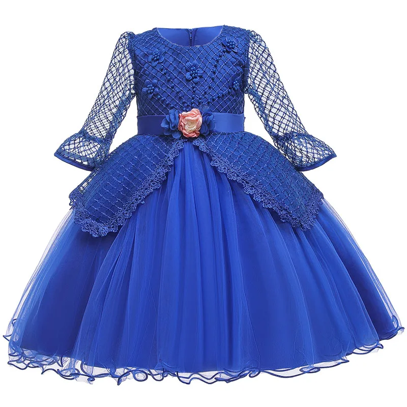 Vestido infantil/зимнее детское платье; платье принцессы с жемчужинами для девочек; свадебное платье с цветочным узором для девочек; Детские платья для девочек; праздничное платье - Цвет: Blue