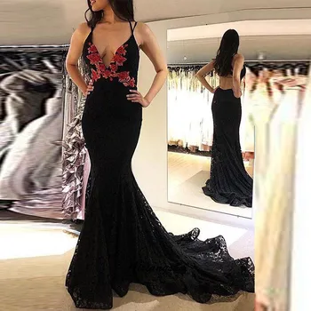 

Sexy Vestido De Fiesta Deep V Evening Dress Spaghetti Strap Women Formal Occasion Sleeveless Prom Gowns Appliques Robe De Soiree