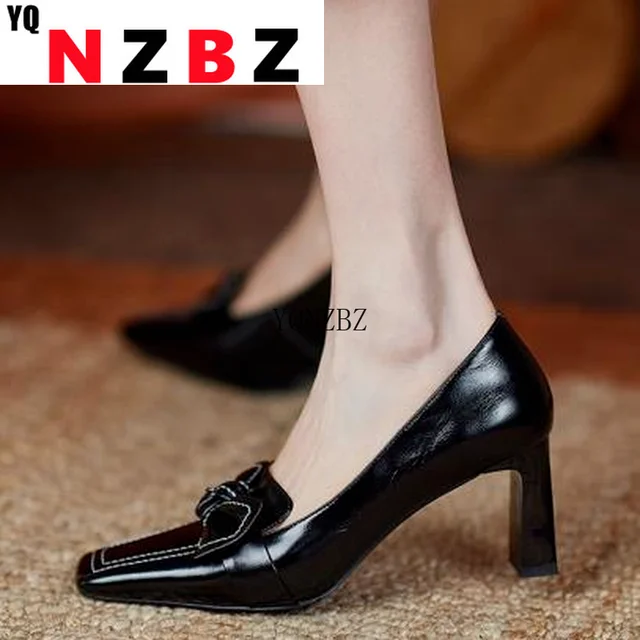 Zapatos de plataforma con lazo para mujer, tacones altos cuadrados de cuero  sintético, boca poco profunda, elegantes, de otoño, 2021|Zapatos de tacón  de mujer| - AliExpress