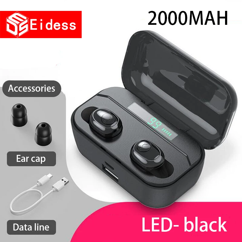 TWS 5.0 Bluetooth wireless charger headset microphone portable mobile power charging box for xiaomi iphone gaming headset In-ear - Цвет: Black-LED