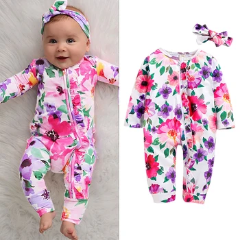

Baby Girl Rompers Infant Jumpsuit Spring Summer Long Sleeve Floral Print Romper Jumpsuit+Headband Outfit Roupa Infantil Menina
