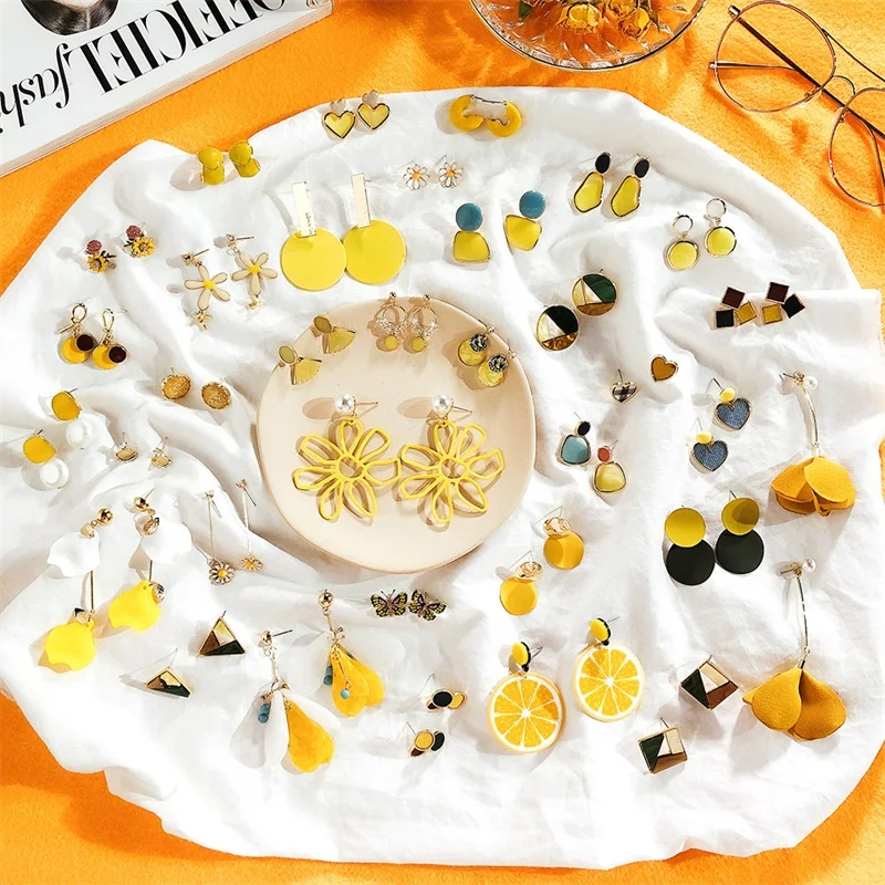 Корея Лето желтый свежий геометрический серьги в форме сердца акриловые цветы животные длинный кулон женские серьги простые ювелирные изделия подарок