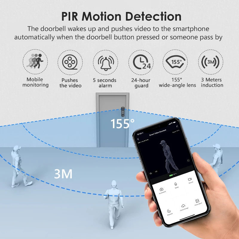 Timbre de puerta inteligente con cámara de seguridad para el hogar, timbre de puerta con vídeo, impermeable IP54, intercomunicador, visión nocturna, IP, WiFi, inalámbrico - Imagen 5