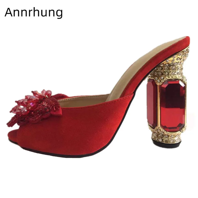 

Luxury Jeweled Diamond Heel Slippers Women Crystal Beading Flower Catwalk Slides Sexy Peep Toe High Heel Party Shoes Woman