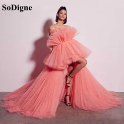 SoDigne Pink Hi Low Tulle Evening Dresses With Train Long Women Prom Formal Gowns Puffy Fluffy Graduation Party Dress 2021