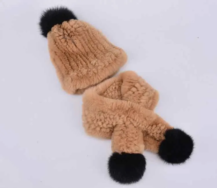 Детская натуральная шапка из меха кролика Рекс, зимний теплый шарф, шапка для детей, вязаные шапочки, шапки с меховыми помпонами - Color: Khaki
