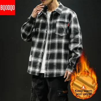 

Fleece Casual Shirt Men Winter Black Plaid Streetwear Hip Hop Long Sleeve Men's Shirts Autumn Preppy Velvet Oversized Cargo Tops