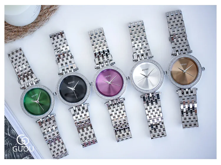 Часы GUOU модные изысканные кварцевые женские часы Топ роскошный ремешок Серебристый Стальной браслет часы для женщин reloj mujer relogio feminino