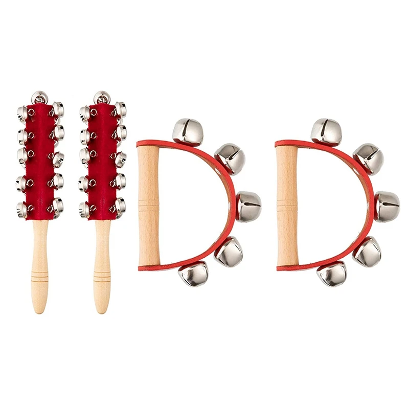 4Pcs Christmas Hand Jingle Bells Wooden Handle Bell Musical Instrument Toy for Education Kids Party | Игрушки и хобби