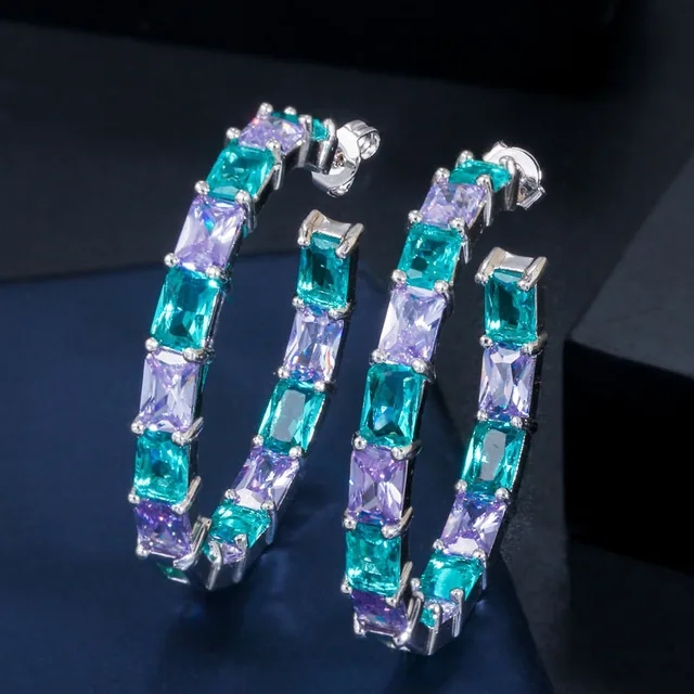 CWWZircons Luxury Designer Brazilian Black Gold Bamboo Big Circle Round Blue CZ Crystal Hoop Earrings Jewelry for Women CZ620 silver