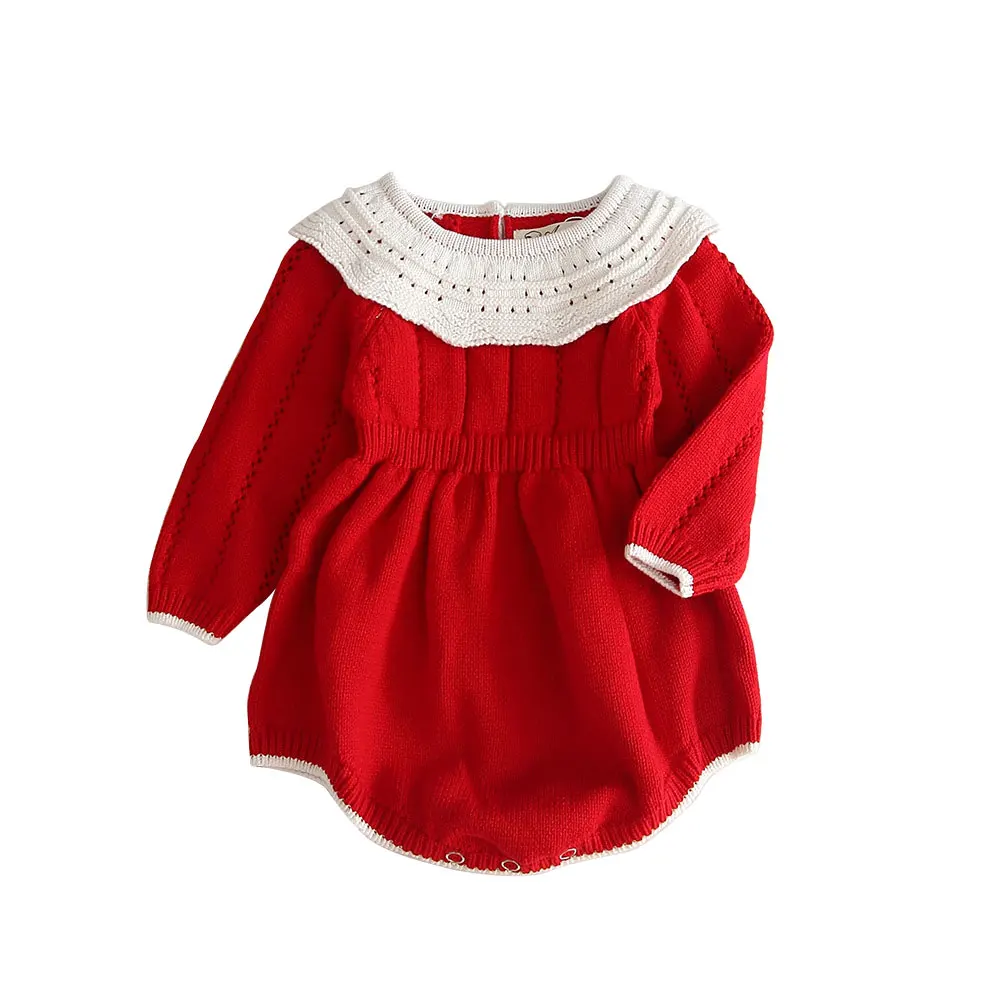 Красный Рождественский комбинезон для маленьких девочек от 0 до 24 месяцев, новогодние костюмы для новорожденных девочек, Вязаный комбинезон с длинными рукавами, теплая Рождественская одежда
