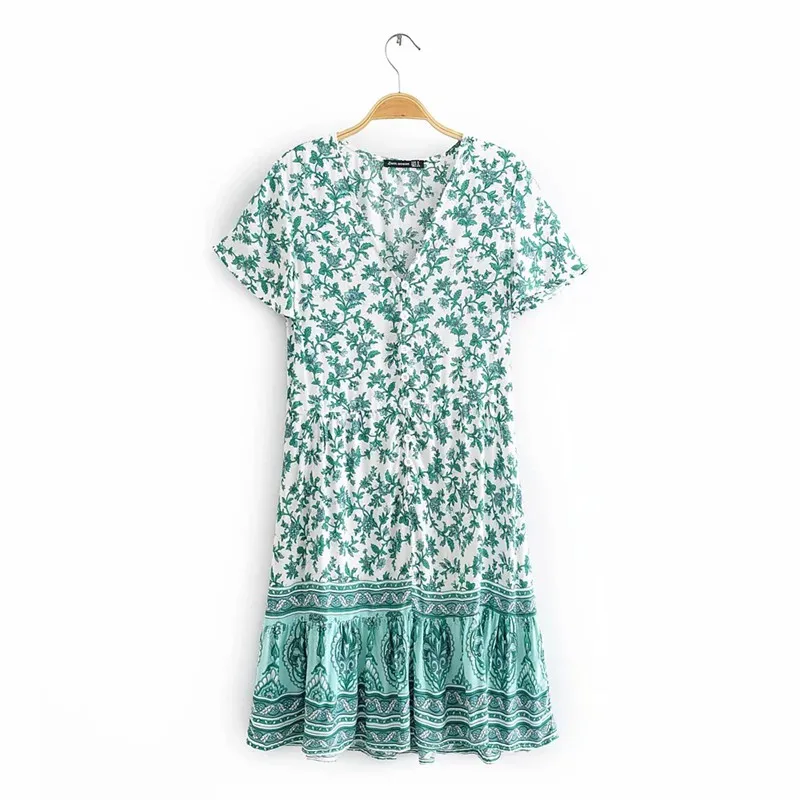 Everkaki Платье женское короткое Vestidos Boho Цветочный Принт пуговицы летнее vestidos дамское винтажное мини-платье для женщин ВЕСНА Новинка