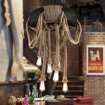 

Vintage American Country Hemp Rope Tire Pendant Lights Hanging Lamp Rubber Wheel Suspension For Home Bar Living Room Lighting
