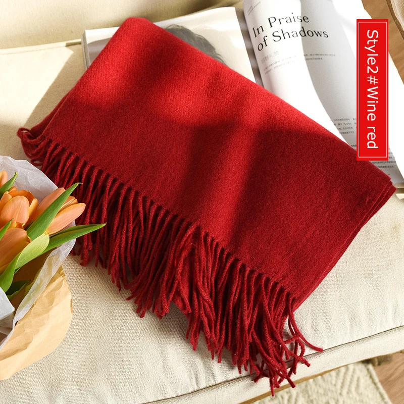 Style2 Wine Red Высокое качество кашемировые шарфы женские новые зимние плотные теплые мягкие пашмины Шали Обертывания Твердые женские шерстяные длинные шарфы с кисточками - Цвет: Style2 Wine Red