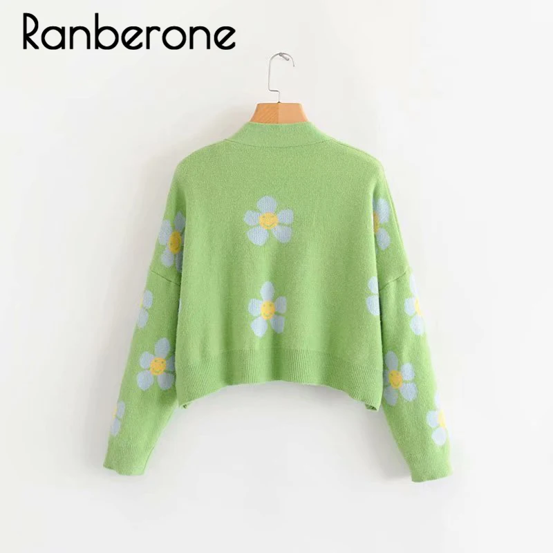 Ranberone Women Sweater Cardigan Cute Light Green Lazy Wind Spring Sweaters with Flower Print Women Tops Christmas Sweaters Ranberone Women Sweater Cardigan Cute Light Green Lazy Wind Spring Sweaters with Flower Print Women Tops Christmas Sweaters