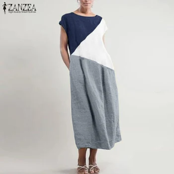 

ZANZEA Summer Dress Women Vintage Color-Block Patchwork Short Sleeve Sundress Casual Femme Work Cotton Linen Midi Vestido Kaftan