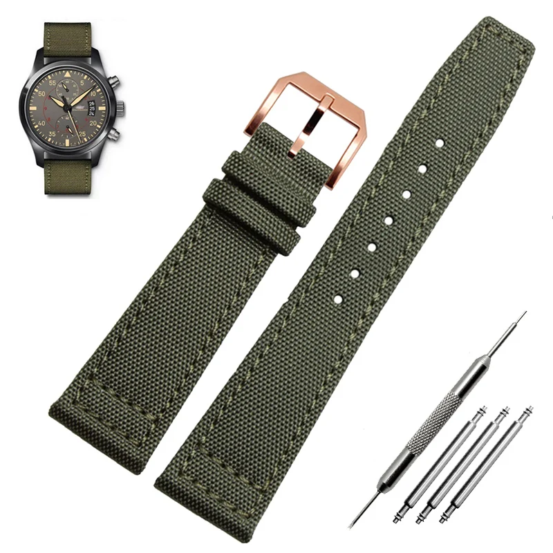 Green and Black Nylon Leather Watch Band Strap with Silver Pin Buckle - High Quality