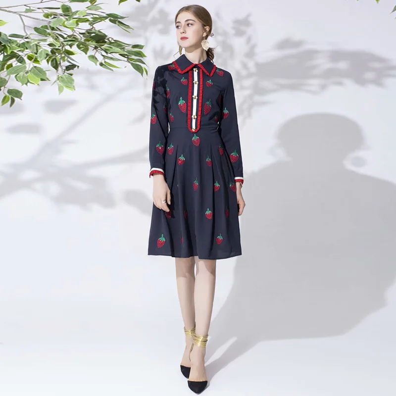 

High Quality Autumn New Women'S Fashion Workplace Party Button Vintage Elegant Chic Strawberry Embroidery Diamonds Print Dress