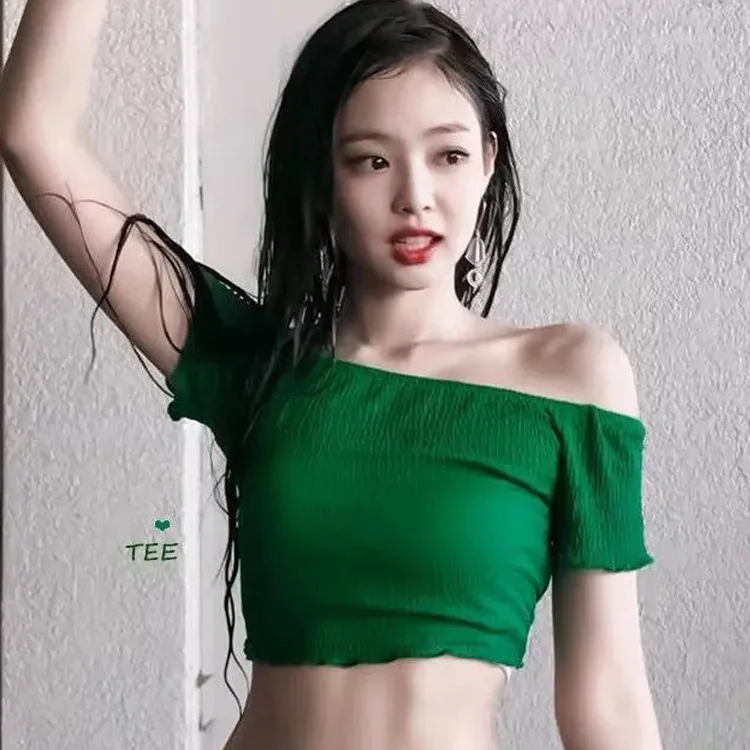 

kpop Blackpink JENNIE same Summer cool tees green one word shoulder tshirt women korean Harajuku short sleeve Tshirt female tops