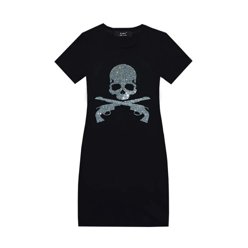 Skull 3 Модное женское свободное платье с принтом рыбьей кости и стразами, с высокой талией, украшенное стразами, большие размеры, вечерние платья, платье-рубашка, Топ - Цвет: Skull 3