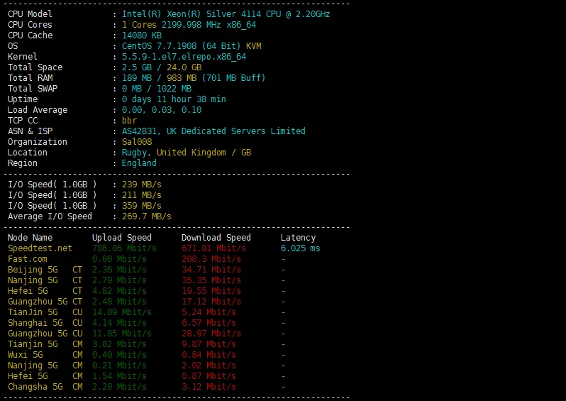 一键检测Linux VPS/服务器配置、IO、国内节点下载测速