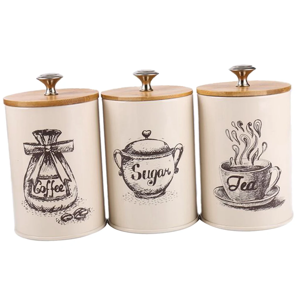 Set Of 3 Tea Coffee Sugar Jars Kitchen Canister Window Glass Storage Jar Tin Set 