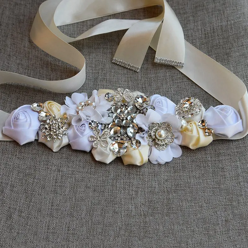 Beige White Модный свадебный пояс Кушак полиэстер цветочный ремни для женского платья свадебный цветок невесты ленты для девочки цветок из атласной ленты ремень YYY8079 - Цвет: Beige White