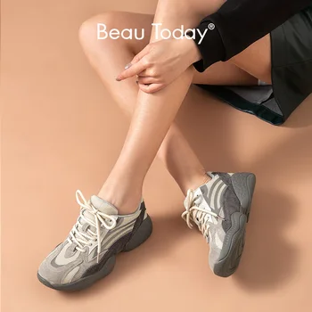 

BeauToday Chunky Sneakers Women Genuine Cow Leather Pigskin Round Toe Cross-Tied Lady Casual Dad Shoes Platform Handmade 29350