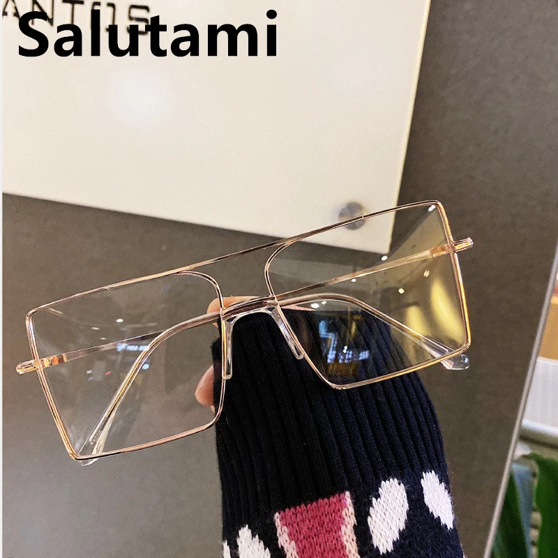 

Double Beam Vintage Alloy Square Clear Glasses Frame For Women Metal Oversized Gold Transparent Eyeglasses Men Goggle Shades