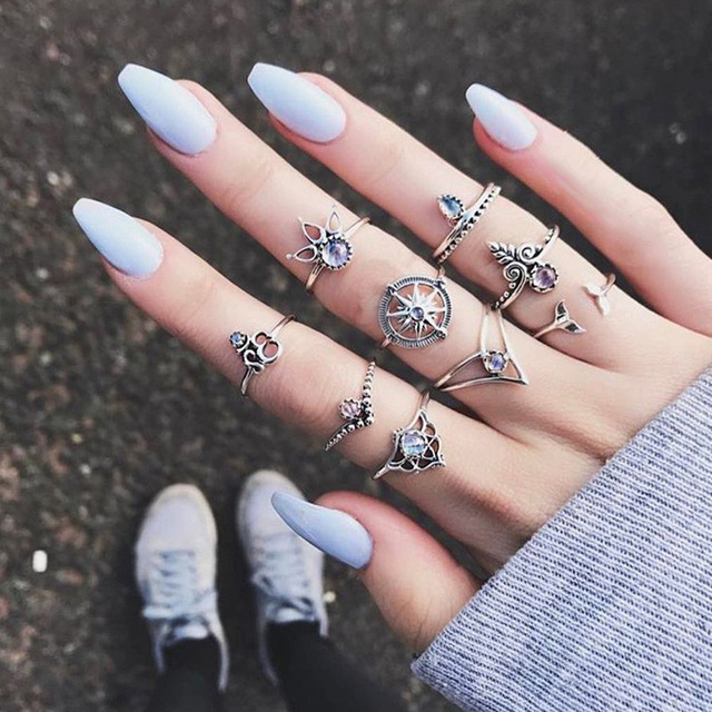 Bohemia Rose Flower Finger Rings Set For Women Crystal Geometric Knuckle Chain Ring Female Fashion Jewelry