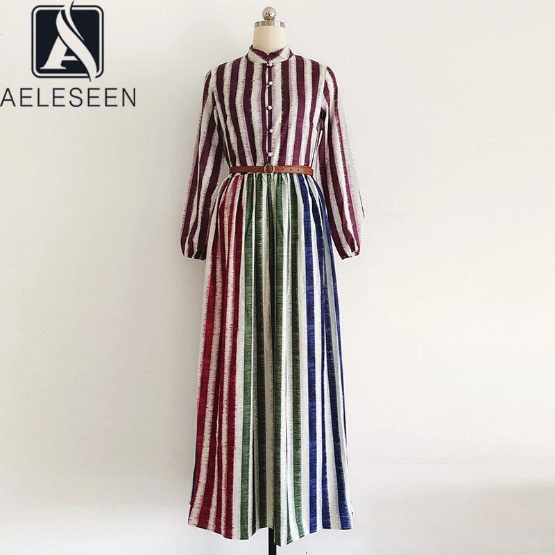 

AELESEEN Runway Fashion Maxi Dress Women Spring Autumn Long Sleeve Single-breasted Striped Print Belt Elegant Party Holiday