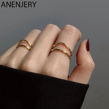 

ANENJERY Fashion Double Curved Lines Adjustable Ring for Women Gold Color Ring Party Jewelry Gifts S-R830