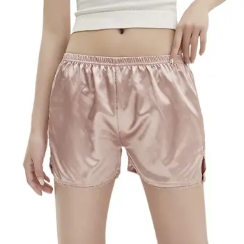 

Women Scalloped Lace Trim Safety Shorts Imitation Silk Letters Striped Loose Slip Bloomer Pants Solid Color Side Slit Pettipants