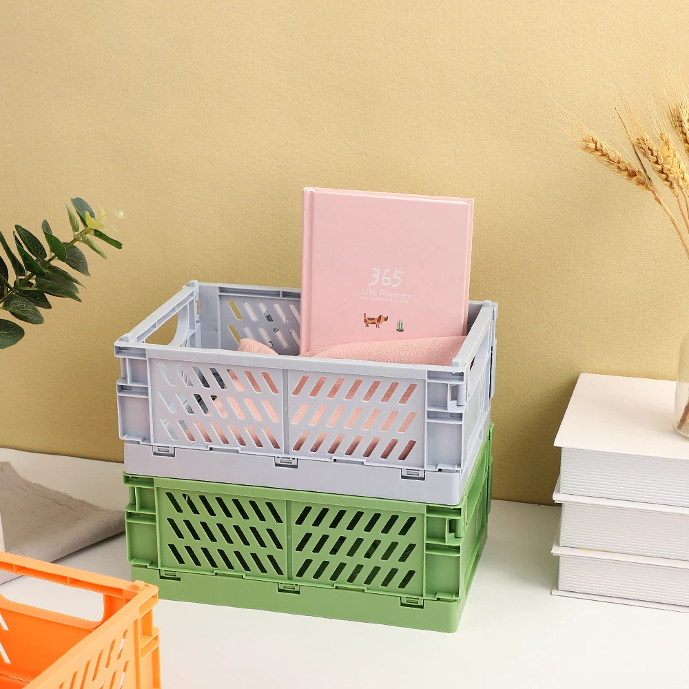 JIANWU High Capacity Foldable Plastic Storage Basket Desktop Organizer Journal Tape Sundries Storage Box for Stationery School simple ins foldable plastic storage box student desktop organizing handbook tape stationery skincare storage basket