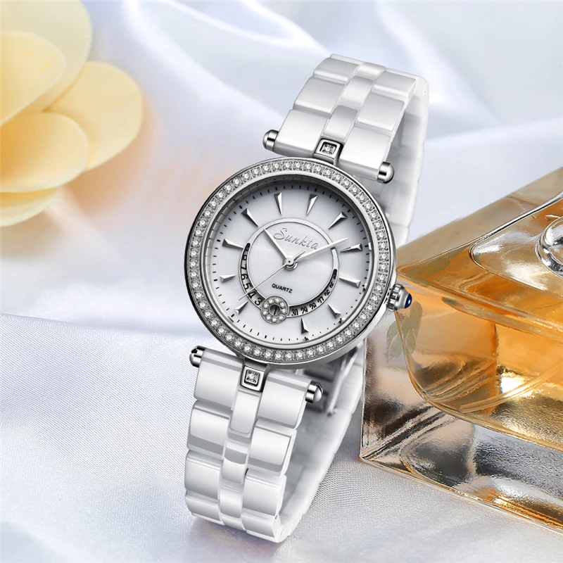 SUNKTA женские часы лучший бренд класса люкс Керамические Часы женские Календарь Водонепроницаемые кварцевые наручные часы Relogio Feminino+ коробка