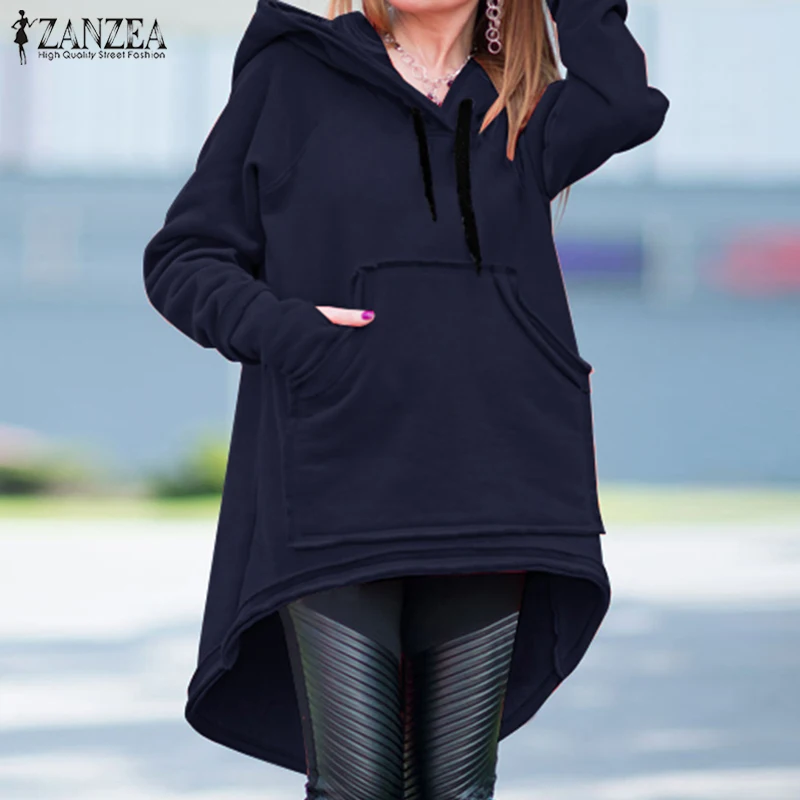  ZANZEA 2019 Autumn Hoodies Asymmetrical Women's Sweatshirts Long Sleeve Hoodies Tops Outwear Female