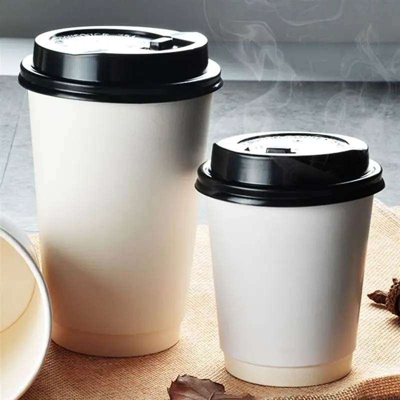 50pcs Disposable Coffee Cups Double-layer Paper Cup with Lid Milk Tea Cup Insulation Takeaway Office Drinking Accessories