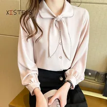 

Elegant Women Chiffon Blouses Bow Tie Collar Female Office Lady Beige Shirts Long Sleeve Femme Blusas 2021 Apring Autumn Tops