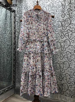 

Top Quality Cotton Dress 2020 Autumn Style Women Geometric Patterns Print Ruffle Patchwork Long Sleeve Mid-Calf Vintage Dress