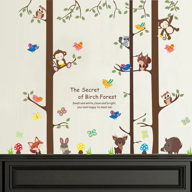 Forest Monkey Tree Wall Stickers For Kids Room Decoration Cartoon Owl Monkey Animal Decal DIY Mural PVC Poster