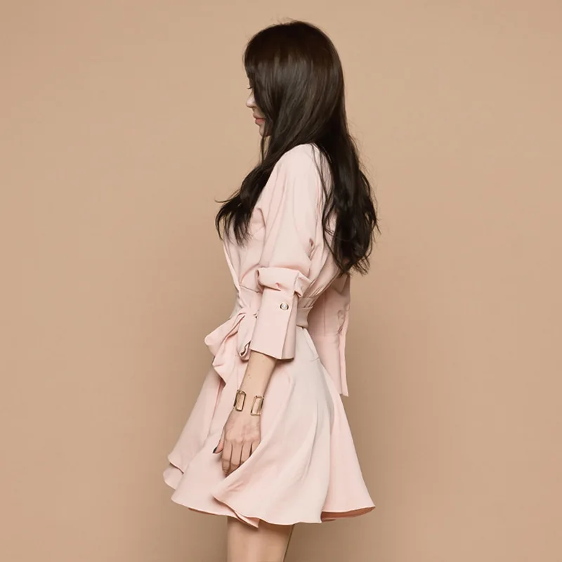 

2018 New Style Debutante Simple Pink Suit Collar Waist Hugging Bandage Cloth Bow Long-sleeved Dress Women's