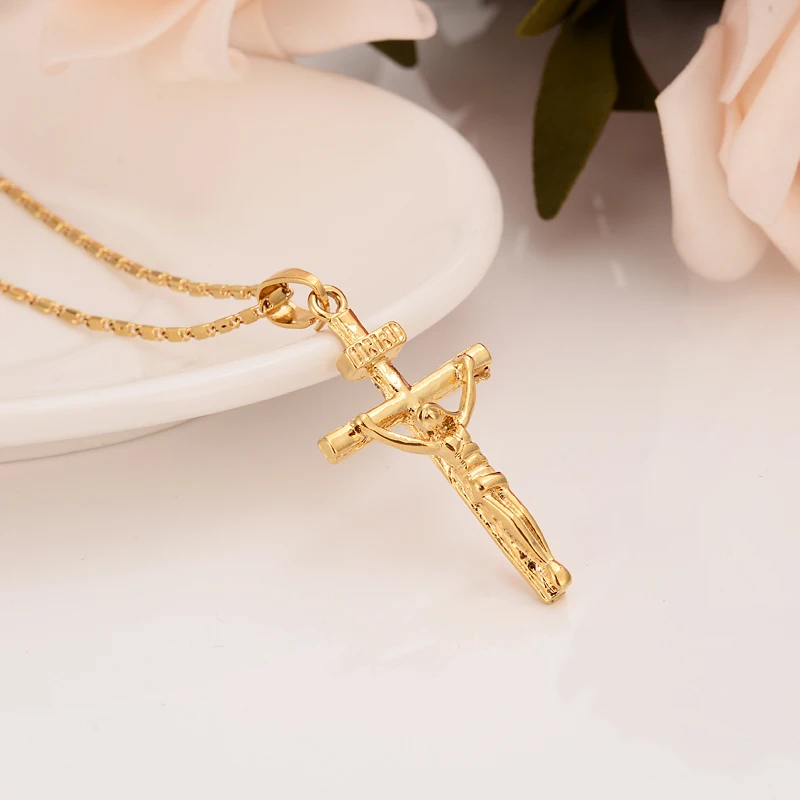 Gold Cross Necklace Pendant Inri Jesus 