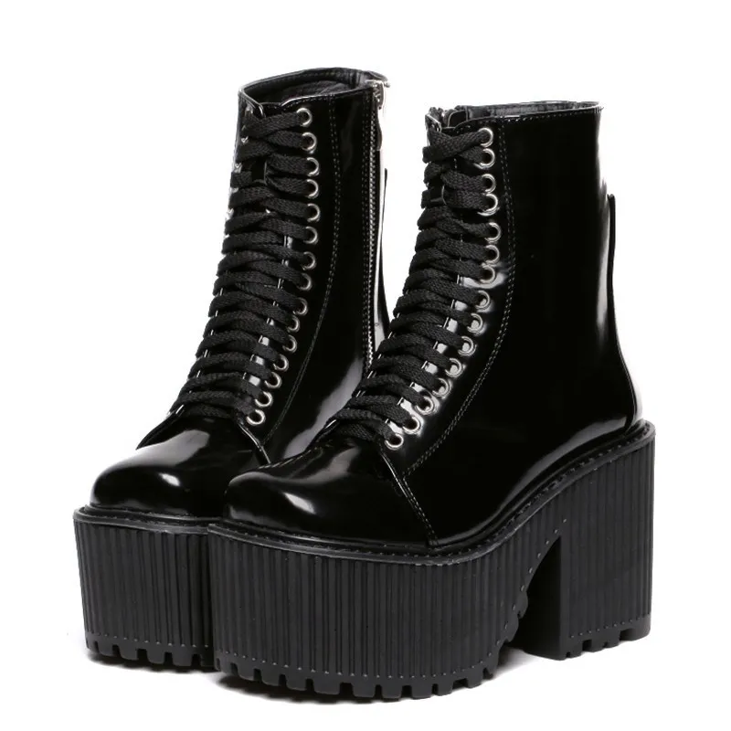

Stylesowner Fashion Ankle Boots Women Platform Shoes Punk Gothic Style Rubber Sole Lace Up Black Spring Chunky Boots Woman