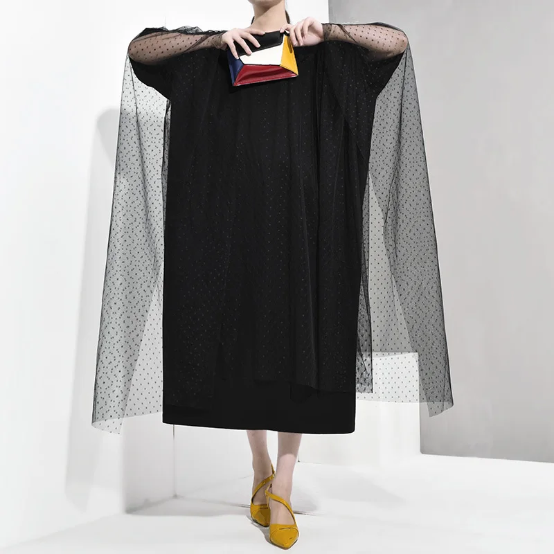 [EAM] женское длинное платье в черный горошек с сеткой, большой размер, новинка, круглый вырез, половина рукава, свободный крой, мода весна-осень, JS2230