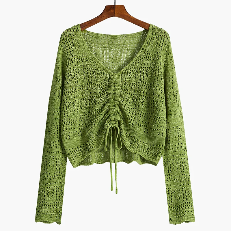 Skup Jesień łuk sznurek dzianiny bluzka krem do opalania topy cienkie stałe Sexy bluzka z wycięciami z długim rękawem zielony top