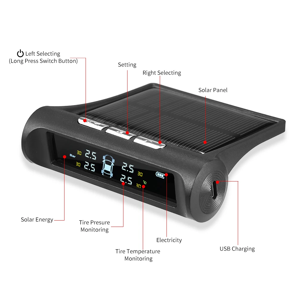 Умный автомобиль TPMS система контроля давления в шинах Солнечная энергия USB цифровой ЖК-дисплей Автоматическая охранная сигнализация s давление в шинах