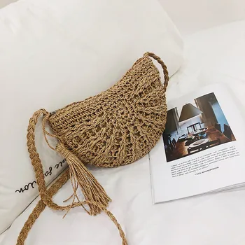 

2020 Semicircular Handwoven Beach Bag Retro Rattan Straw Bag Women Fashion Designer Tassels Shoulder Crossbody Bags Sac A Main